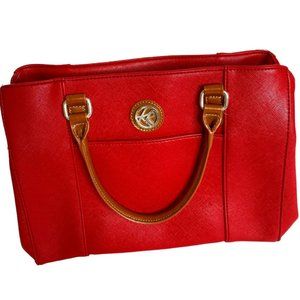 KR Womens Red Faux Leather Magnetic Closure Structured Bag with Top Handles Work